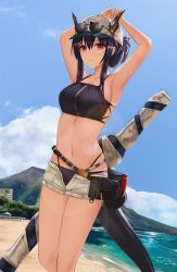 Rule 34 | 1girl, arknights, armpits, arms up, baseball cap, beach, bikini, black bikini, black hair, blitzkrieg (index unknown), blue sky, breasts, ch&#039;en (arknights), cleavage, collarbone, day, eyewear on head, grey hat, hat, highres, horns, large breasts, lens flare, navel, ocean, open clothes, open shorts, outdoors, short shorts, shorts, sidelocks, sky, solo, standing, sunglasses, swimsuit, white shorts