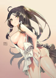Rule 34 | 1girl, ahoge, apron, ara haan, artist name, ass, black hair, braid, breasts, bright pupils, brown eyes, dutch angle, from behind, gradient background, hand on own ass, high ponytail, highres, large breasts, long hair, malpoi, naked apron, parted bangs, shiny skin, sideboob, simple background, smile, solo, very long hair, white pupils