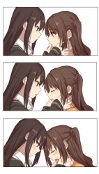 Rule 34 | 10s, 2girls, 3koma, :o, akni, blush, brown eyes, brown hair, closed eyes, comic, earrings, finger in another&#039;s mouth, green eyes, hand on another&#039;s cheek, hand on another&#039;s face, idolmaster, idolmaster cinderella girls, jewelry, long hair, looking at another, multiple girls, profile, school uniform, shibuya rin, shimamura uzuki, side ponytail, silent comic, tears, tongue, tongue grab, tongue out, yuri