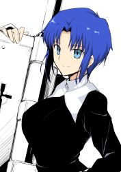 Rule 34 | 1girl, absurdres, black dress, blue eyes, blue hair, breasts, ciel (tsukihime), dress, halcon, highres, holding, holding weapon, large breasts, long sleeves, looking at viewer, nun, seventh holy scripture, short hair, sidelocks, smile, solo, traditional nun, tsukihime, upper body, weapon, white background