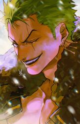 Rule 34 | 1boy, black coat, coat, earrings, gold earrings, green eyes, green hair, highres, jewelry, looking at viewer, male focus, one eye closed, one piece, open clothes, roronoa zoro, scar, scar across eye, scar on chest, smile, upper body, vasan5555