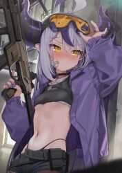 Rule 34 | 1girl, ahoge, arm up, black panties, black shorts, blush, breasts, closed mouth, commentary request, demon horns, goggles, goggles on head, grey hair, gun, hair between eyes, highleg, highleg panties, highres, holding, holding gun, holding weapon, hololive, horns, jacket, kanzarin, la+ darknesss, long sleeves, multicolored hair, nail polish, navel, nose blush, open clothes, open jacket, panties, puffy long sleeves, puffy sleeves, purple hair, purple jacket, purple nails, short shorts, shorts, small breasts, solo, streaked hair, sweat, trigger discipline, underwear, v-shaped eyebrows, virtual youtuber, weapon, weapon request, yellow eyes
