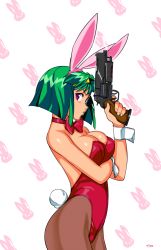 Rule 34 | 1girl, angry, animal ears, bad id, bad tumblr id, bare arms, bare shoulders, bob cut, bow, bowtie, breast hold, breasts, brown pantyhose, burn-up, burn-up excess, cleavage, commentary, fake animal ears, from side, green hair, gun, hairband, handgun, highleg, highleg leotard, highres, holding, holding gun, holding weapon, jinguu maya, large breasts, leotard, looking at viewer, neck, o3o, optionaltypo, pantyhose, patterned background, playboy bunny, purple eyes, rabbit background, rabbit ears, rabbit tail, red bow, red bowtie, red leotard, revolver, serious, shiny skin, short hair, sideboob, solo, standing, strapless, strapless leotard, tail, trigger discipline, weapon, wrist cuffs, yellow hairband