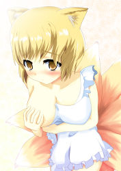 Rule 34 | 1girl, akabashi yuusuke, animal ears, apron, blonde hair, blush, breast slip, breasts, cleavage, covering privates, covering breasts, female focus, fox ears, fox tail, highres, large breasts, multiple tails, naked apron, no headwear, no headwear, one breast out, short hair, solo, tail, touhou, yakumo ran, yellow eyes