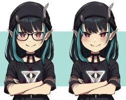 Rule 34 | 1girl, beanie, bespectacled, black-framed eyewear, black dress, black hair, black headwear, blue background, blue hair, blush, bright pupils, closed mouth, crossed arms, demon girl, demon horns, dress, eye of providence, fang, fang out, flat chest, glasses, hat, horns, looking at viewer, medium bangs, medium hair, multicolored hair, nanashi inc., official alternate costume, pointy ears, red eyes, shishio chris, shishio chris (3rd costume), short sleeves, smile, tengu nimuru, two-tone background, two-tone hair, upper body, v-shaped eyebrows, virtual youtuber, white background, white pupils, zipper
