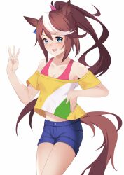 Rule 34 | 1girl, animal ears, bare shoulders, blue shorts, bow, brown hair, collarbone, commentary request, feet out of frame, hair between eyes, highres, horse ears, horse girl, knee up, long hair, midriff, miya star saa, multicolored hair, navel, off-shoulder shirt, off shoulder, official alternate costume, open mouth, pink bow, pink sports bra, ponytail, shirt, shorts, simple background, smile, solo, sports bra, streaked hair, striped clothes, striped shirt, teeth, tokai teio (umamusume), umamusume, upper teeth only, very long hair, w, white background, yellow shirt