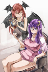 Rule 34 | 2girls, bat wings, belly, bespectacled, black one-piece swimsuit, blunt bangs, book, breasts, closed eyes, crescent, crescent hair ornament, crescent moon, glasses, hair ornament, head wings, koakuma, large breasts, moon, multiple girls, one-piece swimsuit, open mouth, patchouli knowledge, pink one-piece swimsuit, pregnant, purple eyes, purple hair, red hair, school swimsuit, sitting, smile, swimsuit, touhou, wings, yohane