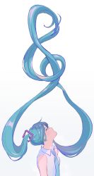 Rule 34 | 1girl, absurdly long hair, arms at sides, bare arms, bare shoulders, blue eyes, blue hair, blue necktie, curly hair, expressionless, eyelashes, floating hair, hair between eyes, hatsune miku, highres, long hair, looking up, moocho, musical note, necktie, parted lips, profile, shirt, sleeveless, sleeveless shirt, solo, treble clef, upper body, very long hair, vocaloid, white shirt