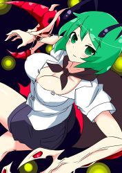 Rule 34 | 1girl, absurdres, alternate breast size, antennae, arthropod girl, bad id, bad pixiv id, blush, breasts, cape, cleavage, green eyes, green hair, highres, hitotsuki nebura, large breasts, looking at viewer, matching hair/eyes, monster girl, shirt, short hair, shorts, simple background, smile, solo, touhou, white shirt, wriggle nightbug
