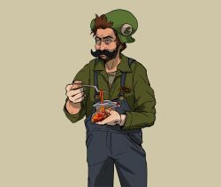 Rule 34 | 1boy, bag, beard, blue overalls, brown eyes, brown hair, character name, charlie day, charlie kelly, commentary, english commentary, facial hair, food, fork, foxeaf, gloves, green hat, green jacket, green shirt, hat, holding, holding bag, holding food, holding fork, it&#039;s always sunny in philadelphia, jacket, long sleeves, luigi, male focus, manly, mario (series), mario bros., mushroom, mustache, name tag, nintendo, overalls, pasta, real life, shirt, simple background, solo, spaghetti, super mushroom, the super mario bros. movie, torn clothes, torn gloves, unmoving pattern, voice actor connection, yellow background