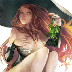 Rule 34 | 1girl, bad id, bad pixiv id, breasts, brown eyes, brown hair, cleavage, detached sleeves, dragon&#039;s crown, frog, hat, huge breasts, long hair, robobitan a, solo, sorceress (dragon&#039;s crown), white background, witch hat