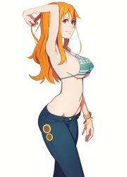 Rule 34 | 1girl, arm behind head, armpits, bikini, bikini top only, blue pants, bracelet, breasts, covered erect nipples, jewelry, large breasts, long hair, looking at viewer, medium breasts, nami (one piece), navel, one piece, orange eyes, orange hair, pants, simple background, smile, solo, strap gap, swimsuit, underboob, white background, zoryc