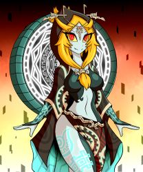 Rule 34 | 1girl, blonde hair, breasts, cloak, closed mouth, colored sclera, eyes visible through hair, fang, headpiece, highres, hood, hooded cloak, loincloth, long hair, looking at viewer, medium breasts, midna, midna (true), navel, nintendo, rakkuguy, red eyes, smile, solo, standing, the legend of zelda, the legend of zelda: twilight princess, yellow sclera