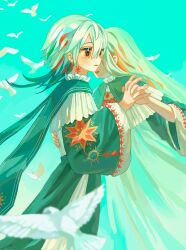 Rule 34 | 2girls, bird, blue sky, cape, capelet, cowboy shot, dress, earrings, expressionless, frills, from side, green cape, green capelet, green dress, green hair, hand on another&#039;s back, hand up, highres, holding hands, interlocked fingers, jewelry, long hair, long sleeves, multicolored hair, multiple girls, nagomi ( nagomi ), orange eyes, orange hair, original, outdoors, parted lips, print dress, sky, sparkling eyes, standing, straight hair, streaked hair, whispering, white bird, wide sleeves