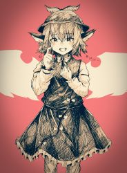 Rule 34 | 1girl, animal ears, bird ears, bird wings, blush, dress, feet out of frame, frilled dress, frills, hair between eyes, hakurou hokuto, hat, highres, long sleeves, monochrome, motion lines, mystia lorelei, open mouth, red background, short hair, solo, touhou, winged hat, wings