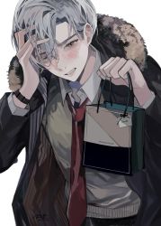 Rule 34 | 1boy, blush, candy, chocolate, commentary, english commentary, food, gift, gift bag, highres, holding, holding gift, incoming gift, looking at viewer, male focus, necktie, original, ponn mame, straight-on, upper body, white chocolate, white day, white hair