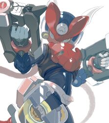 Rule 34 | 1boy, android, armor, dual wielding, gloves, grey (mega man), gun, helmet, highres, holding, holding gun, holding weapon, looking at viewer, male focus, mega man (series), mega man zx, mega man zx advent, robot, scarf, solo, standing, weapon, white background, white gloves, zinguuzisaburou
