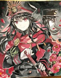 Rule 34 | 1boy, 1girl, belt, black hair, black jacket, brother and sister, cape, closed mouth, commentary request, fate/grand order, fate (series), flower, gloves, hair between eyes, hat, highres, holding, jacket, katana, long hair, long sleeves, looking at viewer, oda nobukatsu (fate), oda nobunaga (fate), oda nobunaga (koha-ace), peaked cap, profile, red cape, red eyes, red flower, red rose, rioka (southern blue sky), rose, scabbard, sheath, sheathed, siblings, smile, standing, sword, traditional media, weapon, white gloves