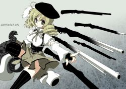 Rule 34 | 10s, 1girl, beret, blonde hair, boots, breasts, brown thighhighs, corset, detached sleeves, drill hair, fate (series), gate of babylon (fate), gun, hair ornament, hairpin, hat, huge weapon, large breasts, long hair, magical girl, magical musket, mahou shoujo madoka magica, mahou shoujo madoka magica (anime), musket, pleated skirt, puffy sleeves, skirt, solo, striped clothes, striped thighhighs, suzuri, suzuri (tennenseki), thighhighs, tomoe mami, twin drills, twintails, vertical-striped clothes, vertical-striped thighhighs, weapon, zettai ryouiki