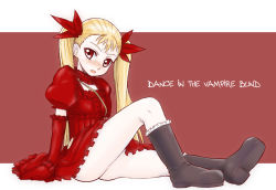 Rule 34 | 1girl, blonde hair, blush, boots, dance in the vampire bund, dress, elbow gloves, fang, gloves, long hair, mina tepes, pantyhose, red eyes, ribbon, sitting, solo, twintails, vt (ytoh02)