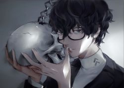 Rule 34 | 10s, 1boy, amamiya ren, black hair, curly hair, glasses, highres, looking at viewer, male focus, open mouth, persona, persona 5, school uniform, silver hair, skull, solo