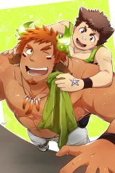Rule 34 | 2boys, abs, animal ears, bandaid, bandaid on face, bandaid on nose, bara, blush, brown eyes, brown hair, commission, cow boy, cow ears, cow horns, dark-skinned male, dark skin, exercising, facial hair, feather necklace, fiery horns, foreshortening, forked eyebrows, glowing horns, goatee, green tank top, highres, horns, kontahsm, male focus, protagonist 1 (housamo), multiple boys, muscular, muscular male, one eye closed, pectorals, push-ups, short hair, shorts, size difference, skeb commission, smile, spiked hair, stomach, sweat, tank top, thick eyebrows, tokyo houkago summoners, topless male, towel, wakan tanka, white shorts, wiping sweat