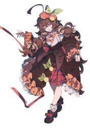 Rule 34 | 1girl, :3, apple hair ornament, black footwear, bow, brown hair, brown jacket, brown skirt, collared shirt, food, food-themed hair ornament, frilled skirt, frilled sleeves, frills, from side, fruit, green bow, hair ornament, hair ribbon, hat, highres, itokenaikei, jacket, lemon, lemon hair ornament, lemon slice, long hair, long sleeves, open mouth, orange bow, original, plaid, plaid skirt, purple eyes, red hat, ribbon, ribbon trim, shirt, skirt, smile, socks, solo, standing, twintails, white background, white shirt, white socks, witch, yellow ribbon