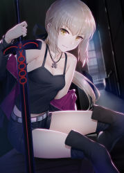 Rule 34 | 1girl, artoria pendragon (all), artoria pendragon (fate), black footwear, black ribbon, black shirt, black shorts, black thighhighs, boots, breasts, cleavage, collarbone, excalibur morgan (fate), fate/grand order, fate/stay night, fate (series), floating hair, hair between eyes, hair ribbon, highres, holding, holding sword, holding weapon, indoors, jewelry, long hair, low ponytail, necklace, nonderi, official alternate costume, parted lips, ribbon, saber alter, saber alter (ver. shinjuku 1999) (fate), shirt, short shorts, shorts, silver hair, sitting, sleeveless, sleeveless shirt, small breasts, smile, solo, spaghetti strap, sword, thigh boots, thighhighs, thighs, weapon, yellow eyes