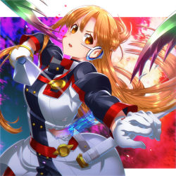 Rule 34 | 1girl, asuna (sao), brown eyes, brown hair, floating hair, gloves, highres, holding, holding sword, holding weapon, is ii, long hair, looking at viewer, open mouth, pants, red pants, solo, sword, sword art online, sword art online the movie: ordinal scale, very long hair, weapon, white gloves
