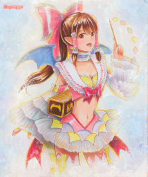 Rule 34 | 1girl, adapted costume, alternate costume, artist name, bat wings, blush, box, bra, breasts, brown hair, choker, cleavage, crop top, crop top overhang, detached sleeves, donation box, fangs, gohei, hair ornament, hair ribbon, hair tubes, hakurei reimu, halloween, halloween costume, long sleeves, looking at viewer, marker (medium), mayo riyo, midriff, navel, open mouth, pointy ears, ponytail, red eyes, ribbon, skirt, small breasts, smile, solo, thighhighs, touhou, traditional media, underwear, white thighhighs, wide sleeves, wings, zettai ryouiki