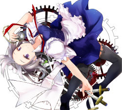 Rule 34 | 1girl, apron, arched back, between fingers, black thighhighs, blue dress, braid, dress, efe, garter straps, gears, holding, izayoi sakuya, knife, lace, lace-trimmed legwear, lace trim, maid, maid apron, maid headdress, pocket watch, puffy sleeves, purple eyes, shirt, short sleeves, silver hair, simple background, smile, solo, thighhighs, touhou, twin braids, waist apron, watch, white background, zettai ryouiki