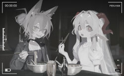 2girls absurdres animal_ears black_jacket black_shirt chopsticks clenched_teeth dress fenrir_(ghost_(tama)) food goat_ears goat_girl goat_horns hair_bun hannah_(populamalus) highres holding holding_chopsticks horns jacket looking_at_viewer multiple_girls muted_color noodles original populamalus ramen red_eyes shirt teeth upper_body viewfinder white_dress wolf_ears