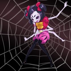 Rule 34 | 1girl, colored skin, extra arms, extra eyes, fangs, high heels, highres, arthropod girl, monster girl, muffet, purple skin, ribbon, solo, spider girl, tea, undertale