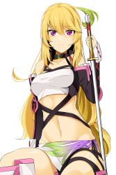 Rule 34 | 1girl, ahoge, bad id, bad pixiv id, blonde hair, detached sleeves, doko tetora, green hair, long hair, looking at viewer, milla maxwell, multicolored hair, navel, purple eyes, simple background, sitting, solo, sword, tales of (series), tales of xillia, two-tone hair, weapon, white background
