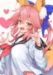 Rule 34 | 1girl, absurdres, animal ear fluff, animal ears, blue bow, bow, fang, fate/grand order, fate (series), fox ears, fox girl, fox shadow puppet, fox tail, hair between eyes, hair bow, heart, heart background, highres, long sleeves, looking at viewer, maru (maru1625), open mouth, school uniform, serafuku, simple background, skin fang, smile, solo, tail, tamamo (fate), tamamo no mae (fate/extra), white background, yellow eyes