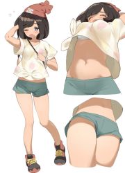 Rule 34 | 1girl, ;o, arms up, bag, bare legs, beanie, black hair, blue eyes, blush, bra, bra peek, breasts, character sheet, close-up, closed eyes, creatures (company), duffel bag, floral print, from below, from side, full body, game freak, green shorts, hand in own hair, hat, kaisen chuui, legs, medium breasts, midriff, multiple views, navel, nintendo, one eye closed, open mouth, panties, panty peek, pokemon, pokemon sm, red hat, selene (pokemon), shirt, shoes, short hair, short shorts, short sleeves, shorts, simple background, sneakers, standing, stomach, stretching, t-shirt, thighs, tied shirt, underwear, upshirt, upshorts, wavy mouth, white background, white bra, white panties, yawning, z-ring