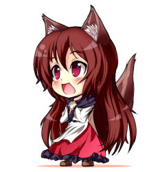 Rule 34 | 1girl, :d, animal ears, blush, boots, brown hair, chibi, dress, hyoumon (saihokutan), imaizumi kagerou, layered dress, long hair, no pupils, open mouth, own hands clasped, own hands together, red eyes, smile, solo, tail, touhou, very long hair, wolf ears, wolf tail