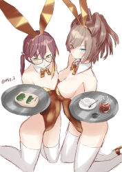 Rule 34 | 2girls, alternate costume, animal ears, asymmetrical docking, bare shoulders, blue-framed eyewear, blue eyes, bow, bowtie, breast press, breasts, brown bow, brown bowtie, brown hair, brown leotard, cleavage, commentary request, cup, detached collar, feet out of frame, food, glasses, green eyes, kantai collection, kashiwa mochi (food), kneeling, leotard, long hair, medium breasts, messy hair, mochi, multicolored hair, multiple girls, okinami (kancolle), one-hour drawing challenge, playboy bunny, rabbit ears, sheffield (kancolle), short hair, simple background, small breasts, strapless, strapless leotard, teacup, teapot, tetsukuzu (yajirushi shita), thighhighs, tray, twitter username, white background, white thighhighs