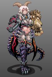 Rule 34 | 1girl, alternate costume, breasts, chimera (monster girl encyclopedia), claws, commentary request, full body, gloves, goat horns, highres, horns, jewelry, large breasts, legs together, lion, looking at viewer, monster girl, navel, necklace, red eyes, smile, snake, solo, standing, stomach, tail, thighs, udetamago, white hair