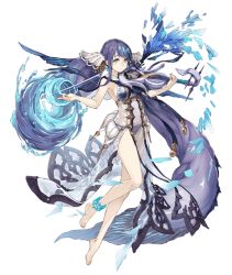 Rule 34 | 1girl, absurdly long hair, anklet, aqua eyes, barefoot, bow (music), fins, full body, instrument, jewelry, ji no, long hair, looking at viewer, music, ningyo hime (sinoalice), official art, playing instrument, purple hair, see-through, sinoalice, solo, transparent background, very long hair, violin, water