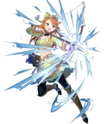 Rule 34 | 1girl, arrow (projectile), boots, etie (fire emblem), fire emblem, fire emblem engage, fire emblem heroes, full body, green eyes, hair ornament, highres, knee boots, long hair, long sleeves, midriff, navel, nintendo, non-web source, official art, orange hair, pantyhose, quiver, skirt, solo, stomach, transparent background