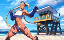 Rule 34 | abs, ahoge, armpits, beach, beret, bikini, blue eyes, blue gloves, blue hat, braid, breasts, broad shoulders, cammy white, capcom, feet out of frame, gloves, grid background, hat, highres, huge ahoge, lifeguard tower, medium breasts, muscular, ogami, one-piece swimsuit, outdoors, padded gloves, scar, scar on face, street fighter, swimsuit, tankini, thick thighs, thighs, twin braids, white one-piece swimsuit, white trim
