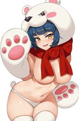 Rule 34 | 1girl, animal costume, animal hands, bear costume, bikini, bikini bottom only, blue hair, breasts, cleavage, dragon talon clan ranpang, feet out of frame, gloves, grin, guardian tales, highres, looking at viewer, medium breasts, navel, ndgd, official alternate costume, paw gloves, red scarf, scarf, short hair, sleeveless, smile, swimsuit, thighhighs, thighs, white background, white thighhighs, yellow eyes