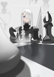 Rule 34 | 1girl, 38 (sanjuuhachi), bishop (chess), black bow, black bowtie, black jacket, board game, bow, bowtie, chess, chess piece, chessboard, expressionless, grey eyes, hair over one eye, highres, jacket, king (chess), knight (chess), long sleeves, nier:automata, nier (series), pawn (chess), queen (chess), reflection, rook (chess), sitting, solo, white hair, a2 (nier:automata)