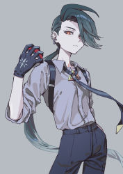 Rule 34 | 1girl, androgynous, black gloves, black necktie, black pants, blue hair, bright pupils, buttons, collared shirt, contrapposto, cowboy shot, creatures (company), ear piercing, earrings, elemoncake, from side, game freak, gloves, grey background, grey shirt, hand on own hip, hand up, highres, holding, holding poke ball, jaggy lines, jewelry, long hair, looking at viewer, low ponytail, necktie, nintendo, pants, piercing, poke ball, pokemon, pokemon sv, red eyes, reverse trap, rika (pokemon), serious, shirt, simple background, solo, standing, swept bangs, white pupils