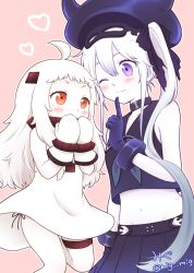 Rule 34 | 10s, 2girls, abyssal ship, ahoge, bad id, bad pixiv id, closed mouth, colored skin, covered mouth, destroyer princess, dress, gloves, kantai collection, long hair, migu (migmig), mittens, multiple girls, northern ocean princess, one eye closed, orange eyes, purple eyes, simple background, sleeveless, sleeveless dress, twitter username, white hair, white skin