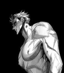Rule 34 | 1boy, abs, bad id, bad pixiv id, black background, golden kamuy, greyscale, male focus, manly, monochrome, nipples, pectorals, scar, scar on face, simple background, solo, stitches, sugimoto saichi, topless male, upper body