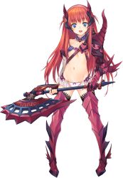 Rule 34 | 1girl, alisia heart, aquaplus, armor, armored boots, axe, battle axe, bikini armor, blue eyes, boots, bow, bow panties, dungeon travelers 2, fingerless gloves, flat chest, full body, gloves, highres, kawata hisashi, long hair, looking at viewer, navel, official art, open mouth, panties, red hair, solo, toriatto gununu, transparent background, underwear, weapon, white panties