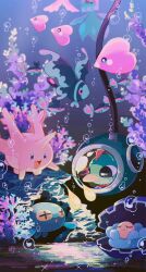 Rule 34 | air bubble, bubble, chikafuji, chinchou, clamperl, closed mouth, coral, coral reef, corsola, creatures (company), diving helmet, finneon, frillish, frillish (male), game freak, gen 2 pokemon, gen 3 pokemon, gen 4 pokemon, gen 5 pokemon, half-closed eyes, helmet, highres, looking at another, lumineon, natu, nintendo, ocean, open mouth, pokemon, pokemon (creature), submerged, swimming, underwater
