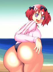 Rule 34 | + +, 10s, 1girl, ass, blue eyes, bow, breasts, buruma, for-somebody, from behind, hair bow, hibari (senran kagura), highres, huge ass, jacket, large breasts, leaning, leaning forward, looking at viewer, open mouth, pink hair, senran kagura, shiny skin, short hair, short twintails, sideboob, smile, solo, track jacket, twintails, wedgie